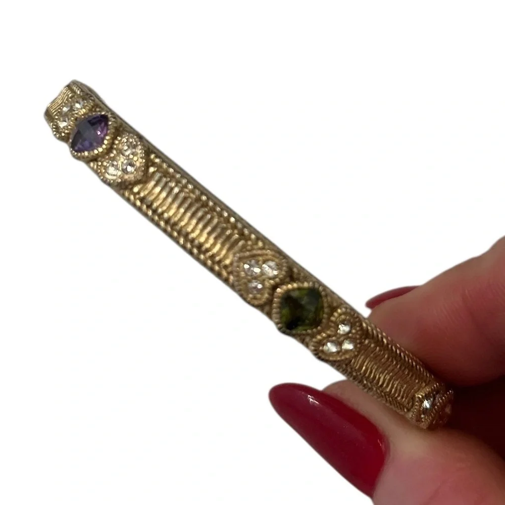 Artisan Gold tone baroque filigree hinged Bracelet Multicolor faux Gemstones